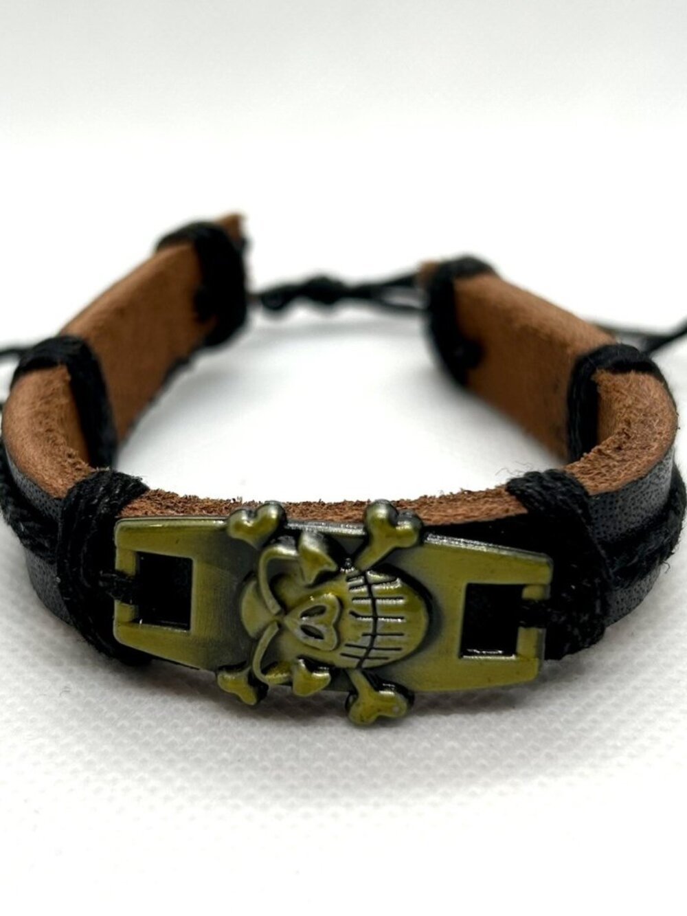 Skull and Crossbones Leather black threaded bracelet adjustable UNISEX